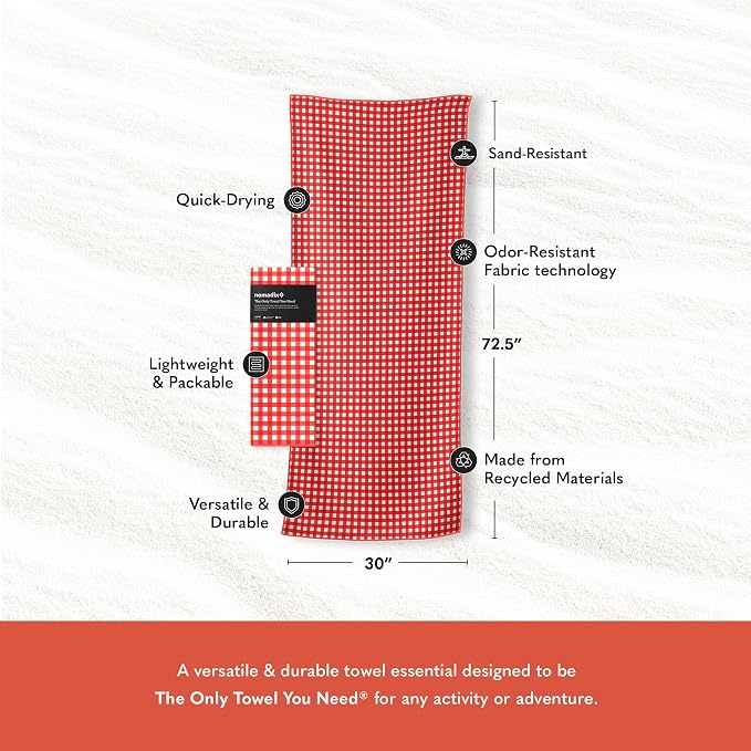Nomadix Original Towel - Perfect for Beach, Pool, Travel, Camping, Yoga - Made with Recycled Materials - Super Absorbent - Sand Resistant - Gingham Red - 72.5x30
