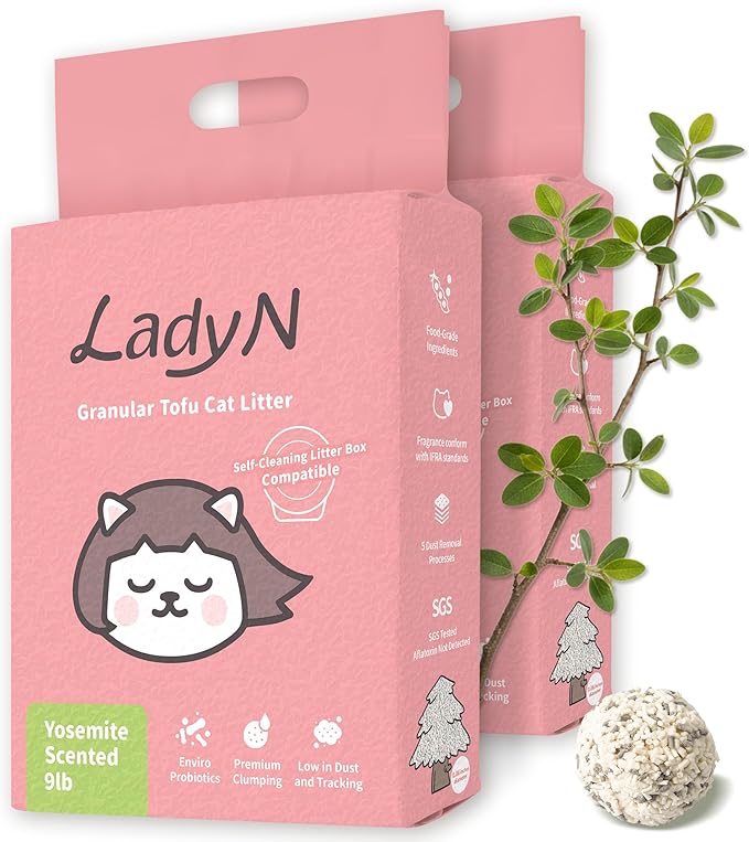 Lady N Tofu Cat Litter, Low Dust Compatible with Auto-Box Yosemite 18lb | Mini-Pellet Shape, Premium Clumping, Ultra Absorbent, Odor Control, Yosemite Scent, Woody Scent