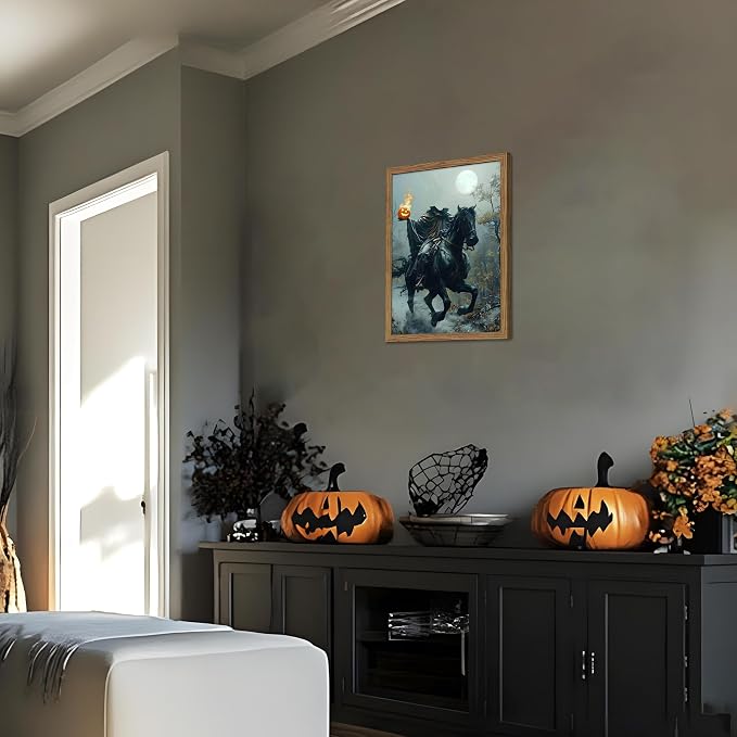Vintage Framed Halloween Wall Art, Gothic Headless Horseman Pumpkin Picture Poster, Spooky Fall Forest Canvas Prints, Dark Academia Halloween Wall Decor for Living Room Bedroom 12x16 inch