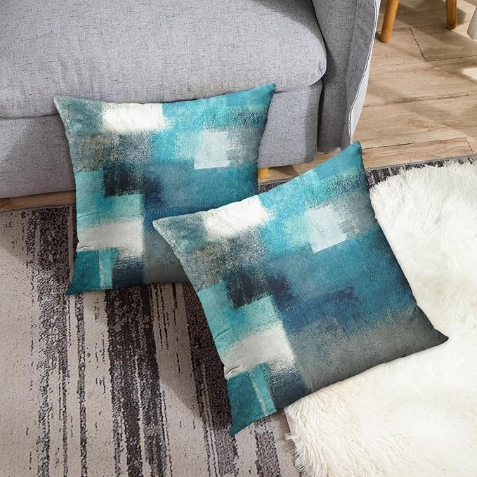 Throw Pillow Covers Set of 2, 18 x 18 Inch, Teal Peacock Blue | Abstract Modern Art Outdoor Decorative Square Pillow Cases Couch Cushion Case for Couch Bed Sofa Living Room Home Decor