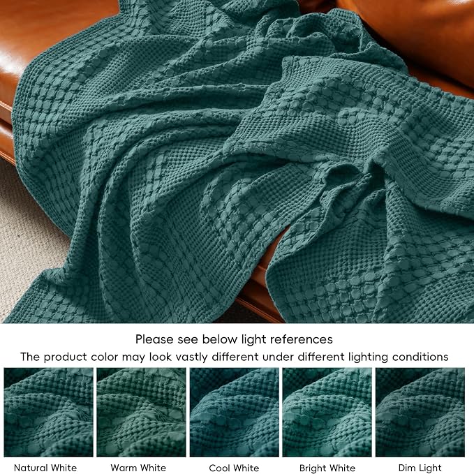 PHF 100% Cotton Waffle Weave Blanket Queen Size, Lightweight Breathable Summer Blanket for Hot Sleepers, Pre-Washed Soft Layer for Bed, Couch, Aesthetic Home Decor & Gift, 90"x90", Teal