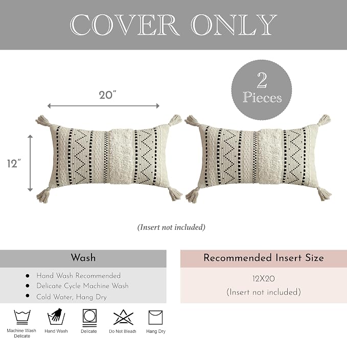 Decorative Lumbar Throw Pillow Covers 12x20 Combo Set of 2 Rectangular Boho Accent Pillowcase Black Neutral Farmhouse Cushion for Couch Sofa Bedroom Living Home Décor Cover ONLY
