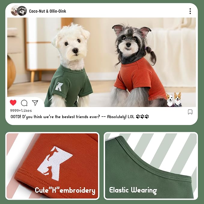 Koneseve Dog Shirts Soft Cotton Tee Stretchy Clothes - Rust & Mist Green L | 2-Pack Breathable Basic T-Shirt for Small Dogs & Cats, Solid Plain Clothes for All Seasons, Easy Pull-On for Daily Wear
