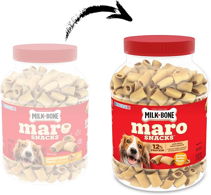 Milk-Bone MaroSnacks Peanut Butter Flavor Dog Treats, 40 oz Canister | Made with real bone marrow, crunchy outside & meaty flavor inside, 9.5 calories each, training treats, artificially flavored