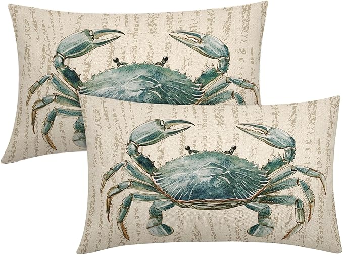Summer Sea Crab Nautical Pillow Covers 12x20 Inch Set of 2 Coastal Ocean Coral Beach Blue Throw Pillow Cases Outdoor Linen Square Cushion Cover Farmhouse Decor for Bedroom Home Sofa Couch Bed