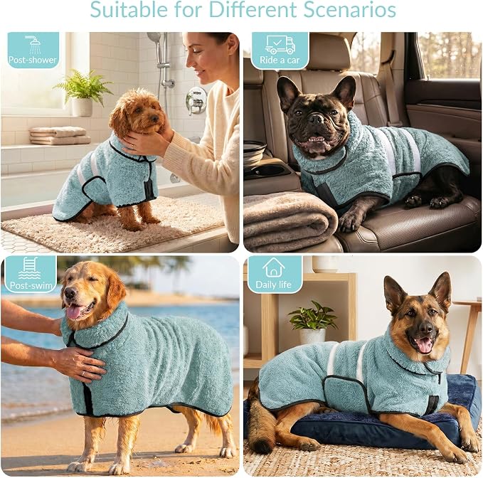 Dog Bathrobe, Super Absorbent for Small to Large Dogs, Light Green M | Dog Robes with Soft Fleece, Warm & Cozy, Adjustable Fit, and Quick Drying Coat for Baths Swimming and Grooming