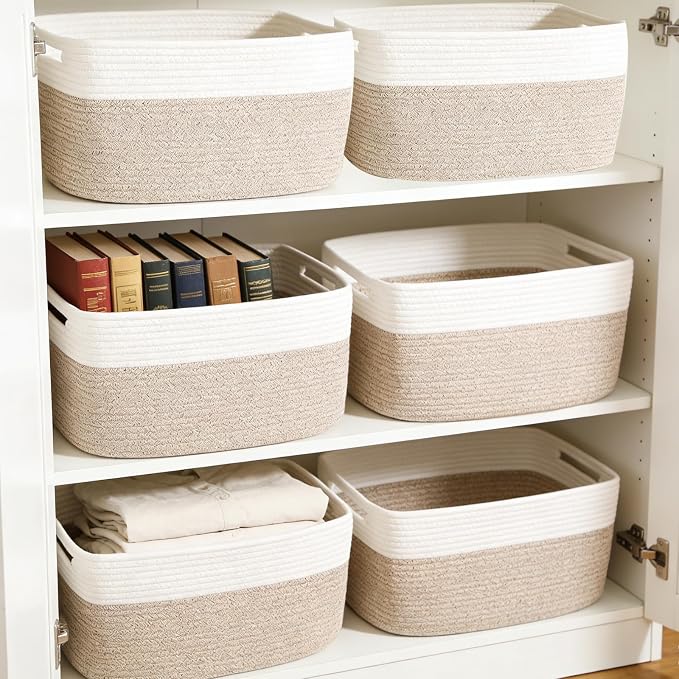 6 Pack Woven Rope Baskets, 12.6"×9"×7.8" Storage Bins, White&Brown | Storage Boxes for Toys, Books, Towels, Clothes, Shelf Baskets Organizer,Empty Gift Baskets for Living Room, Bathroom, Bedroom