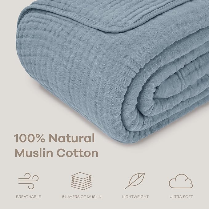 Comfy Cubs Adult Muslin Blanket 90x66” Twin Swaddle Blankets, Pacific Blue | 6 Layer Soft, Breathable & Lightweight Muslin Adult Blanket - Machine Washable & Designed in the US Bedding for All Seasons