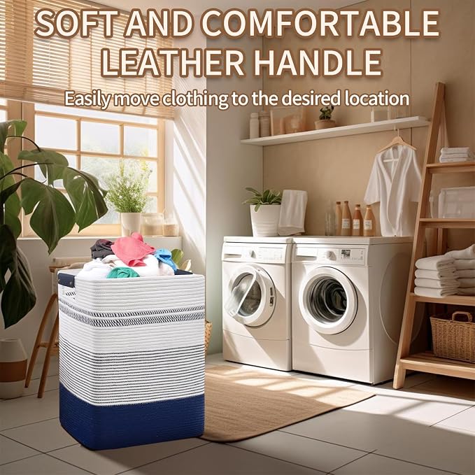 DOFASAYI Laundry Hamper, 85L Cotton Rope Laundry Basket, Dark Blue & White | Foldable nursery hamper with leather handles; store blankets, toys, baby clothes and laundry in bedroom or living room