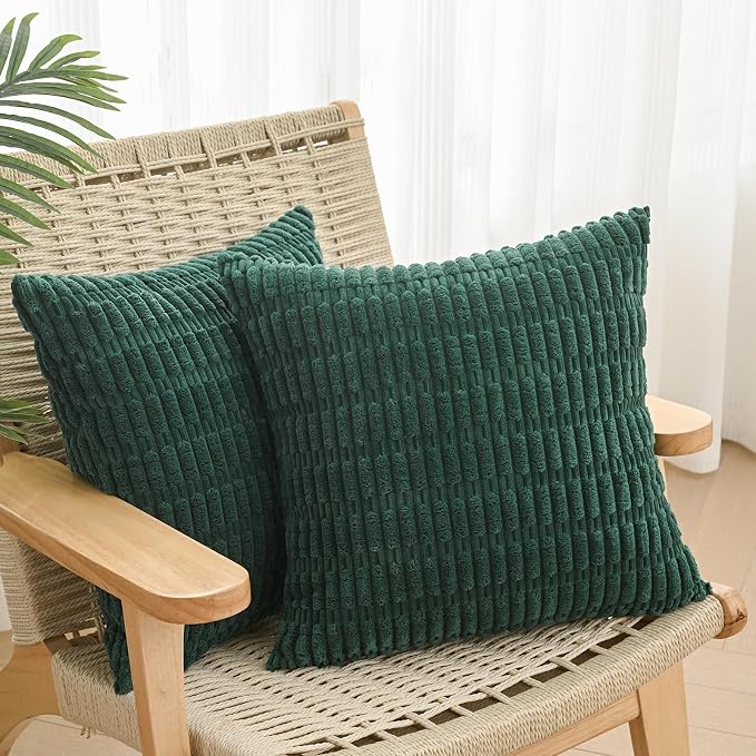 Volcanics Pack of 2 Corduroy Dark Green Throw Pillow Covers 18x18 | Decorative Soft Striped Square Cushion Cases, Modern Farmhouse Boho Home Decor