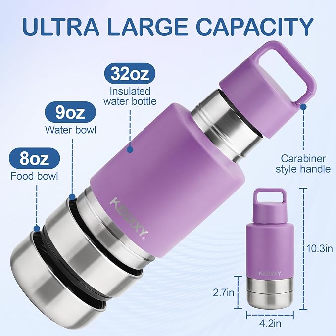 KEWIXY Insulated Dog Travel Water Bottle with Detachable Bowls, 3 in 1 Portable Dog Water Bottle Dispenser, Dog Accessories for Walking, Hiking, Camping, Outdoor (Lavender, 32 Oz)