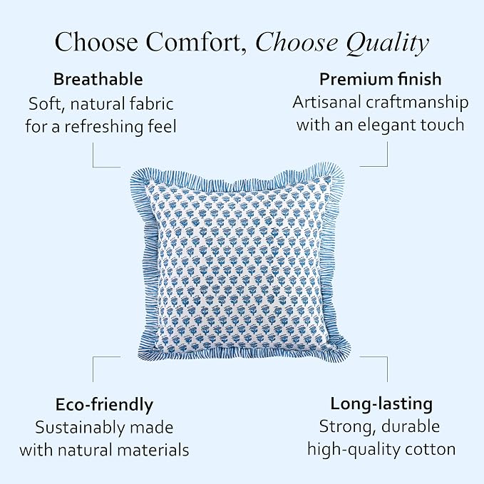 CPC Block Print Ruffle Throw Cover Apatite Blue 20"x20" Inch Pack of 2-100% Cotton Ruffle Couch Decorative Boho Pillows Case for Living Room, Bedroom, Sofa, Farmhouse Gift for Spring, Mother's Day