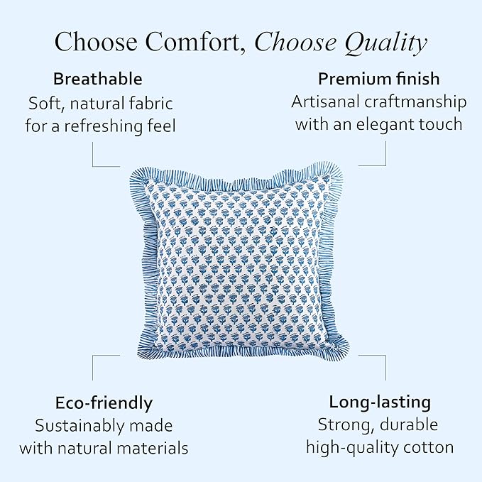CPC Block Print Ruffle Throw Cover Apatite Blue 18"x18" Inch Pack of 2-100% Cotton Ruffle Couch Decorative Boho Pillows Case for Living Room, Bedroom, Sofa, Farmhouse Gift for Spring, Mother's Day