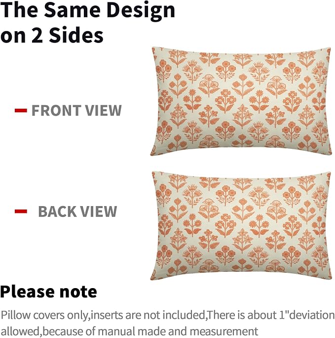 Orange Floral Pillow Covers 12x20 Inch Set of 2, Block Print Lumbar Flower Cream Decorative Throw Pillowcases Outdoor Farmhouse Rectangle Cushion Covers Spring Summer Sofa Couch Bed Decor