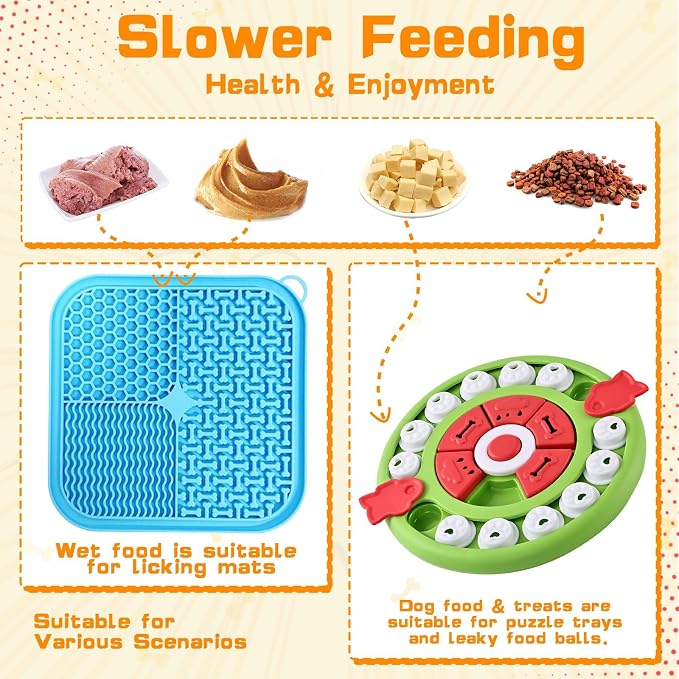 4 in1 Dog Puzzle Toy Set - Slow Feeder & Lick Mat for Puppy IQ Training & Mental Stimulate Treat Dispensing Ball | Pet Enrichment Interactive Toy (4 in 1 Blue+Green)