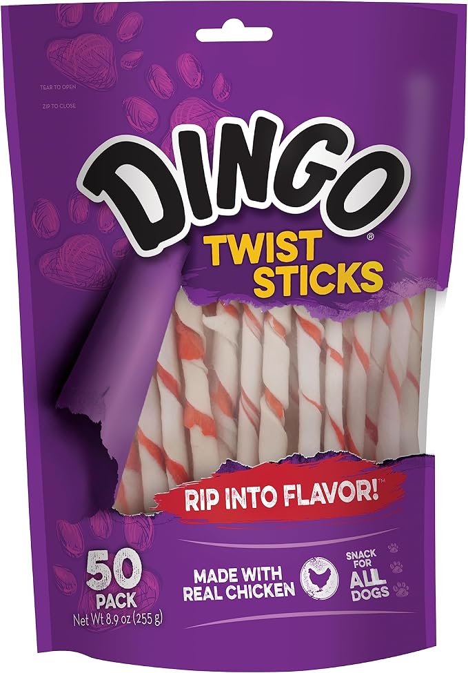 Dingo Twist Sticks Rawhide Dog Treat With Real Chicken, 50 Count | Long-Lasting Rawhide With Real Chicken, Provides Protein, Natural Chewing Action Promotes Clean Teeth, For Adult Dogs