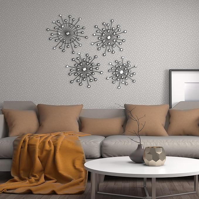 Blulu 4 Pcs Metal Wall Decor Bling Crystal Wall Art Cast Iron Rhinestones Sunburst Decor Starburst Art Hanging Diamond Accents Home Decorative for Living Room Bedroom Entryway(Black)