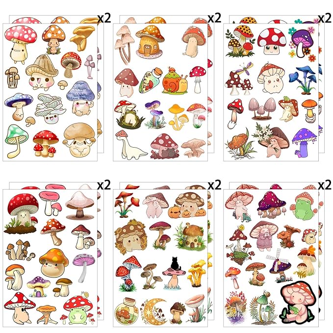 12 Sheets Mushroom Temporary Tattoos for Kids, Mushroom Birthday Party Supplies Decorations Cute Fake Tattoos Mushroom Party Favors for Boys Girls Children Goodie Bag Fillers Party Gifts Stickers
