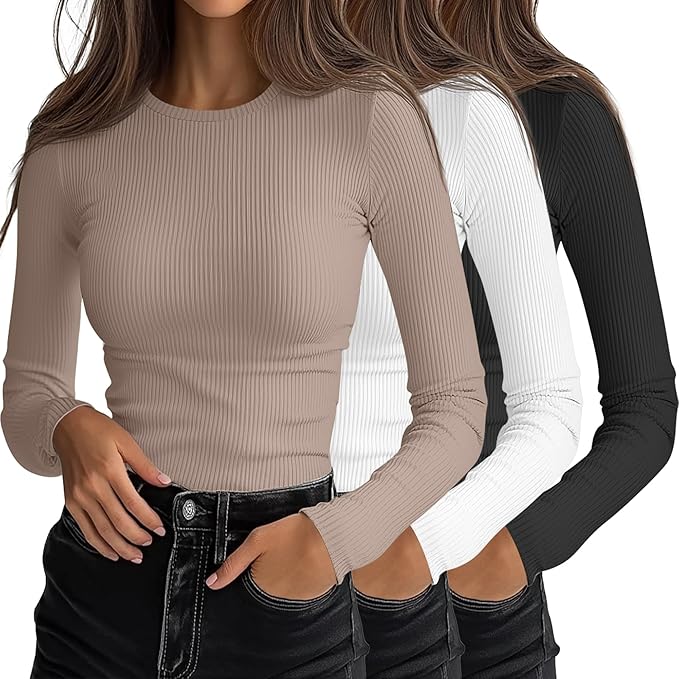 Ficerd 3 Pack Women's Ribbed Long Sleeve Tops, Crew Neck Slim Fit Undershirts Knit Basic Casual Stretch Layering Tee Shirts