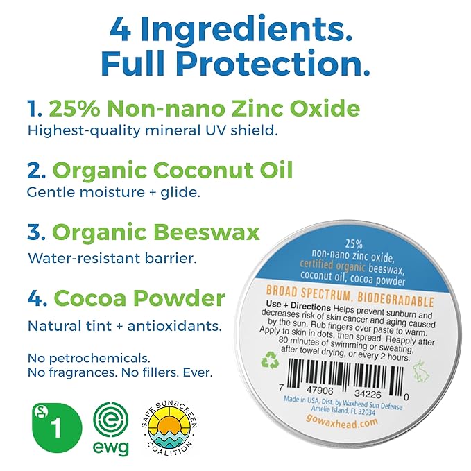 Waxhead Tinted Zinc Oxide Surf Sunscreen SPF 30 for Face, 4 Ingredient Reef Safe Zinc Paste, Waterproof Sunblock for Swimming, Sensitive Skin and Eczema, Tinted Scar and Tattoo Protection, 2oz Tin