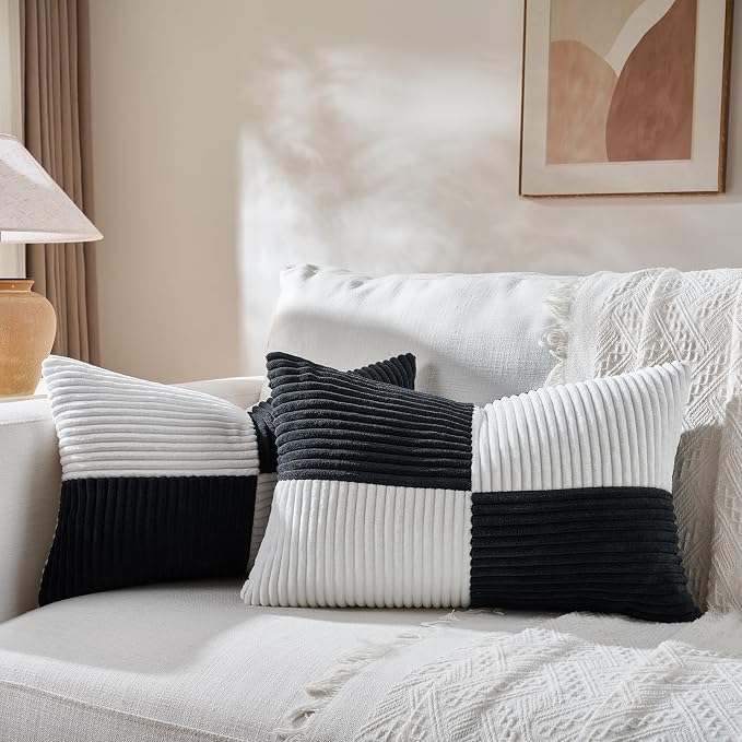 Fancy Homi Set of 1 Black and White Long Lumbar Decorative Throw Pillow Covers 12x24 Inch for Couch Bed Sofa, Modern Farmhouse Boho Home Decor, Soft Striped Corduroy Rectangle Cushion Case 30x60 cm