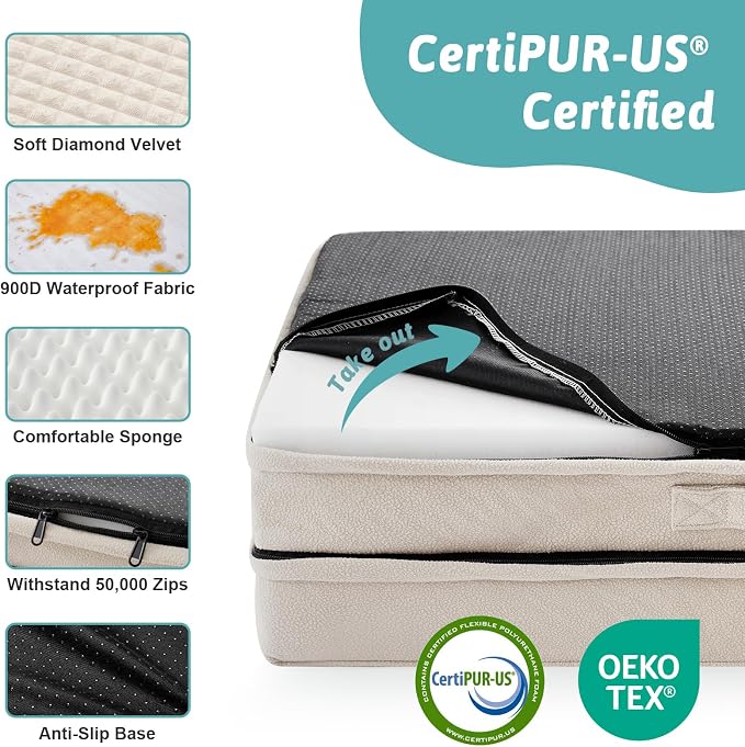 COZY KISS Orthopedic Dog Bed for Extra Large Dogs, L Shaped XXL 48x35 inch | Non-Slip Bottom Soft Pet Sofa with Washable Removable Waterproof Cover, Egg-Crate Foam Couch with Portable Handle, Beige
