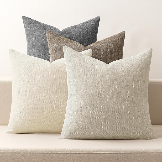 MIULEE Pack of 4 Fall Decorative Throw Pillow Covers 18x18 Inch Chenille Textured Throw Pillows Boho Farmhouse Cushion Covers Vintage Home Decor for Couch Sofa Bed Living Room，Beige Taupe Gray