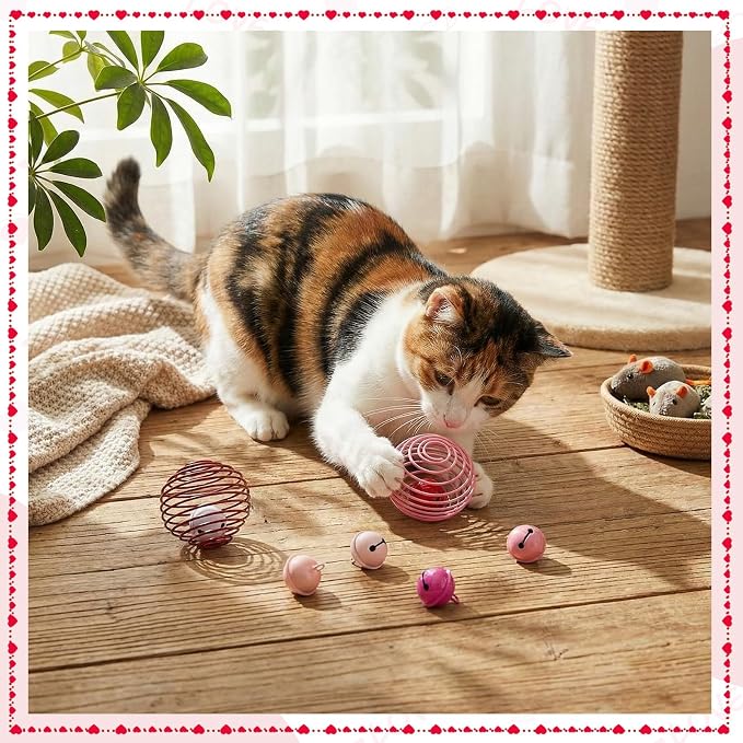 Jecery 5 Pcs Cat Toys Spring,Bell,Pink Red