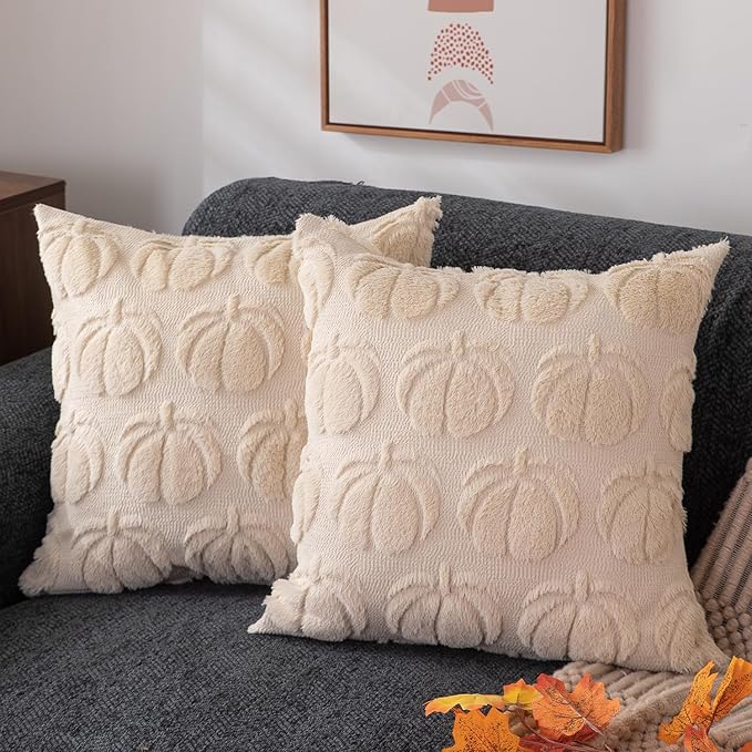 DFXSZ Fall Pillow Covers 18x18 2Pcs Beige Pumpkin Fall Decorations for Home | Fall decor Set of 2 Throw Pillow Cases Soft Plush Faux Fur Wool Couch Cushion for Chair Sofa Bedroom Living Room Home Decor