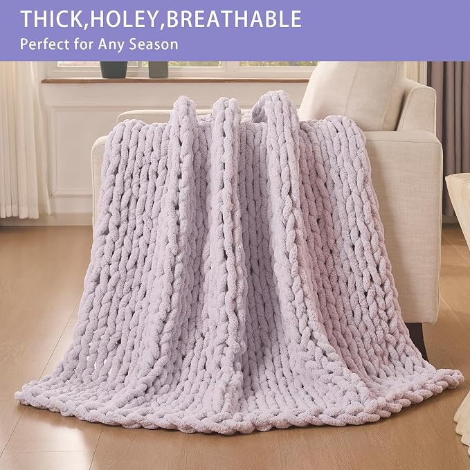Bigacogo Chunky Knit Throw Blanket for Couch, 40x80 inches, Berry Haze | Hand Knit with Jumbo Chenille, Soft Breathable Cable Knit for Sofa Bed Living Room, Machine Washable, Gift for Mom Friend