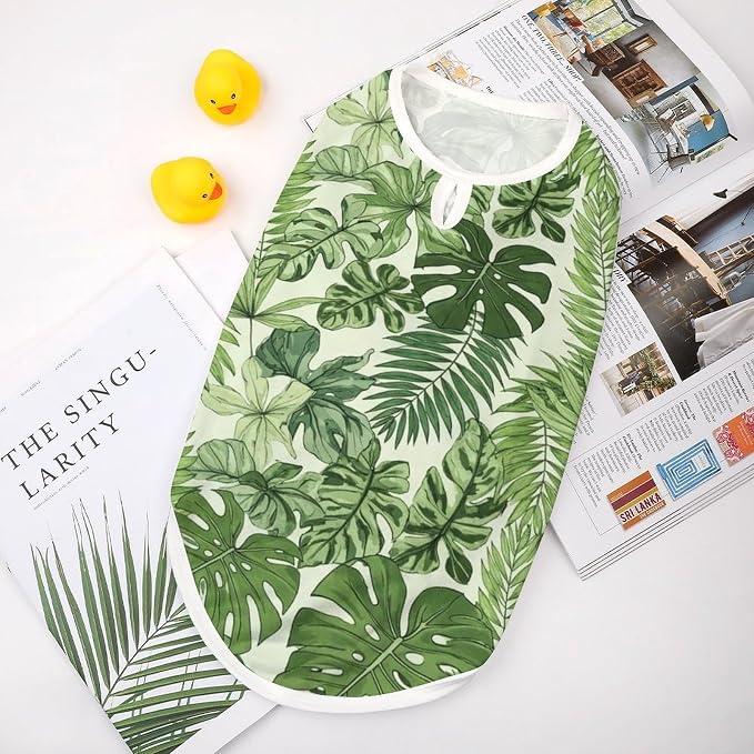 Cute Cat Shirt Soft Breathable Clothes Dog Tank Tops for Small Large Pet Green Palm Tree Leaves