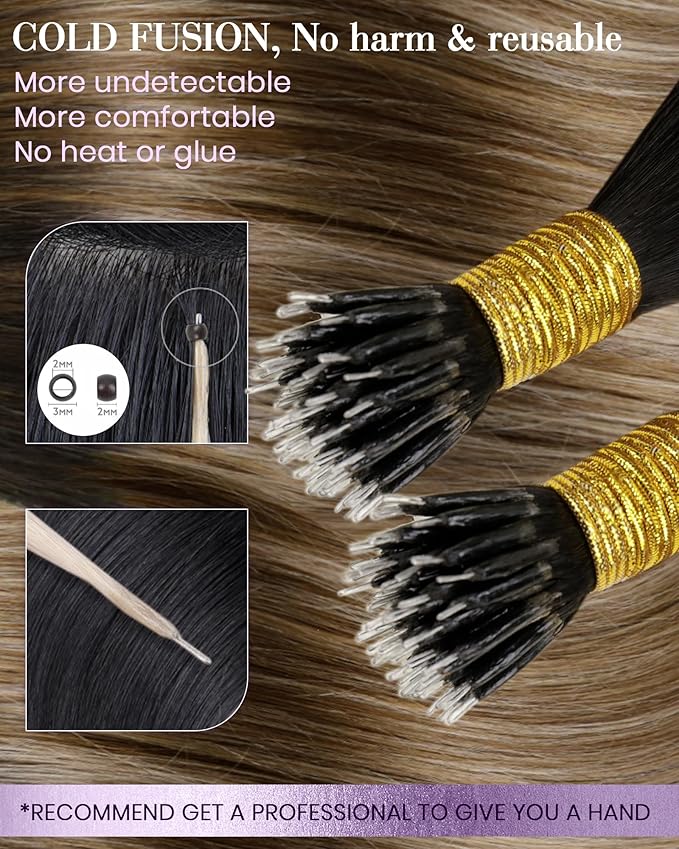 LaaVoo Nano Hair Extensions Human Hair Balayage Nano Bead Hair Extension Human Hair Darkest Brown to Medium Brown and Ash Brown Nano Ring Extensions Real Human Hair 50s 50g 22 Inch