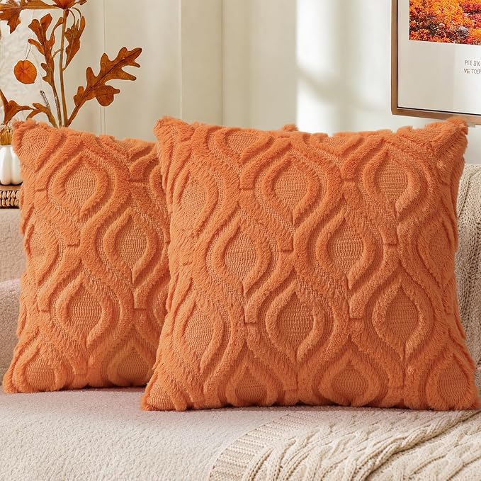 decorUhome Faux Fur Plush Soft Orange Throw Pillow Covers 26x26 Set of 2 | Plush Solid Fall Couch Pillow Covers, Accent Modern Farmhouse Neutral Decorative Square Pillow Cases for Sofa Bed Living Room
