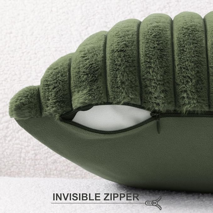 Pallene Faux Fur Decorative Throw Pillow Covers 20x20 Set of 2, Olive Green | Luxury Plush Texture, Striped Design, Cozy Soft Touch, Modern Home Accent Decor for Couch, Sofa, Bed, Living Room