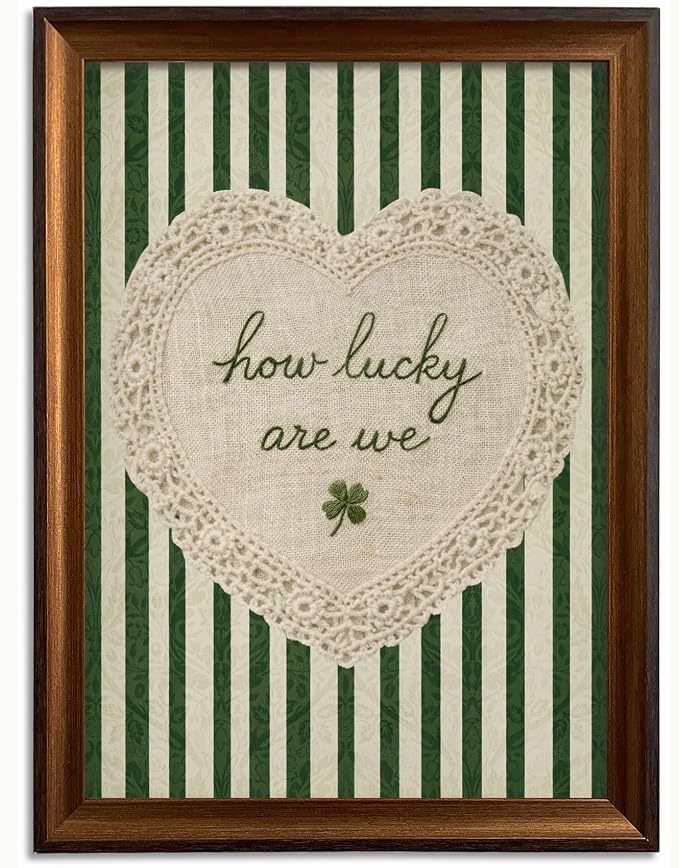 Framed How Lucky Are We Wall Art Vintage Inspirational Quotes Decor Print | Green Striped Lace Heart Aesthetic Painting Poster Trendy Preppy Canvas Picture for Bedroom Collage Ready to Hang 12inx16in
