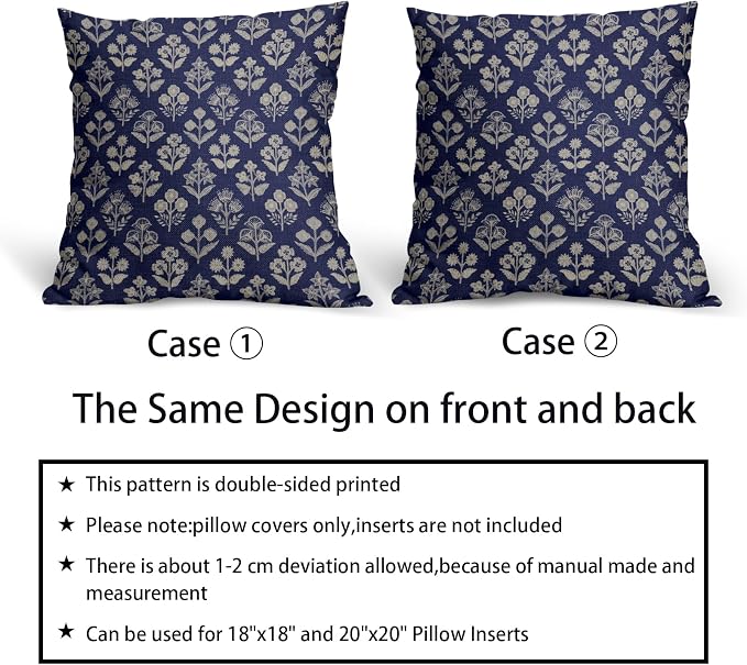 Navy Blue Floral Pillow Covers 22x22 Inch Set of 2, Vintage Flower Block Print Pattern Decorative Throw Pillowcases Outdoor Farmhouse Cushion Covers Spring Summer Rustic Sofa Couch Bed Decor