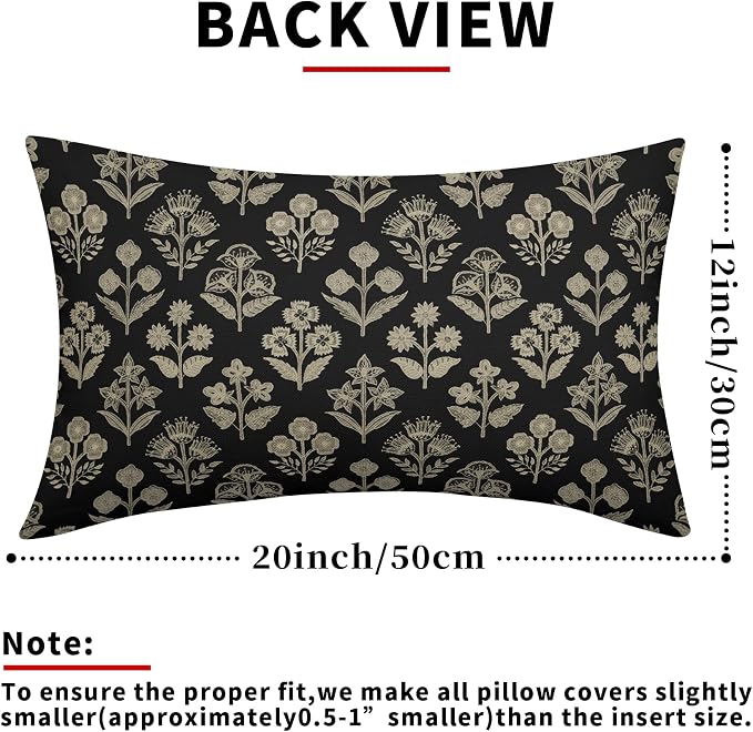 Black Pillow Covers 12x20 Inch Set of 2, Cream Floral Block Print Pattern Lumbar Decorative Throw Pillowcases Outdoor Farmhouse Rectangle Cushion Covers Spring Summer Sofa Couch Bed Decor