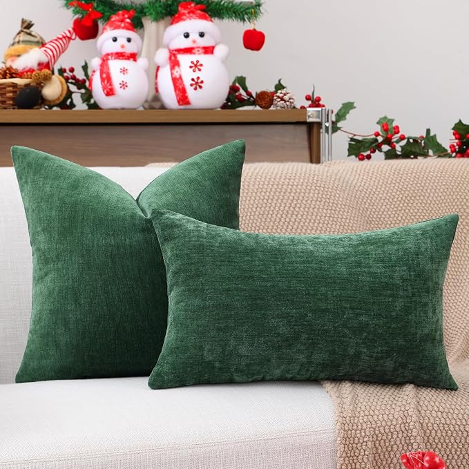 decorUhome Soft Chenille Christmas Green Throw Pillow Covers 16X16 Set of 2 | Decorative Fall Couch Pillow Covers Solid Dyed Accent Modern Farmhouse Neutral Square Pillow Cases for Sofa