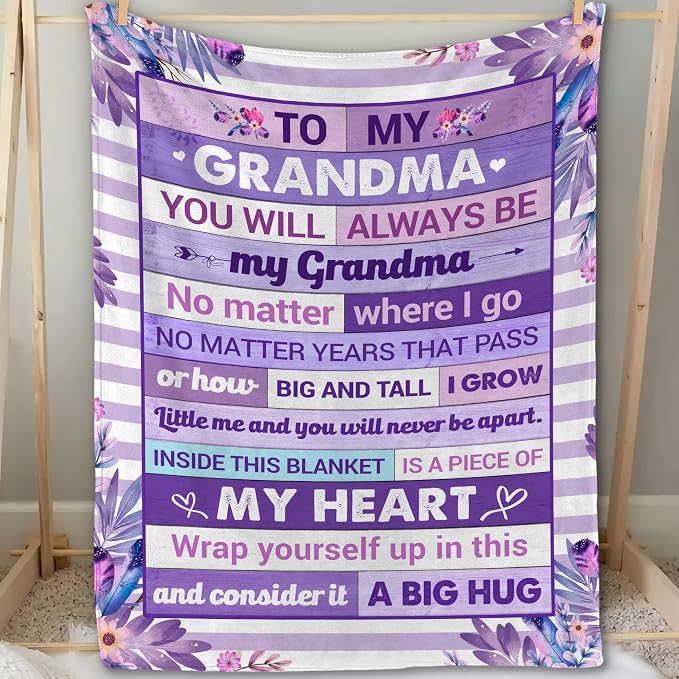 Gifts for Grandma Blanket for Mothers Day – to My Grandma Soft Flannel Fleece Throw Blanket, Cozy Purple Floral Blanket with Loving Message, Birthday Gift from Grandchild 50x60 Inches