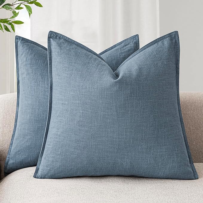 Foindtower Set of 2, Decorative Linen Solid Throw Pillow Covers Soft Accent Euro Cushion Case Boho Farmhouse Neutral Pillowcase for Couch Sofa Bedroom Living Room Home Decor 18 x 18 Inch Misty Blue