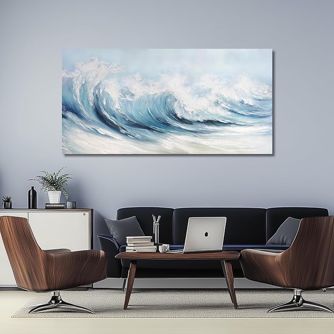 Belmrxne Coastal Wall Art Blue and White Wall Decor Ocean Canvas Painting Wave Textured Artwork Modern Aesthetic Wall Painting for Living Room Bedroom Office 29x58 Inches