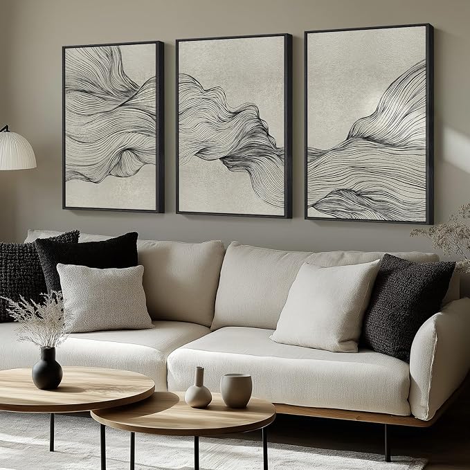 Large Framed Neutral Modern Abstract Wall Art, 3 Piece Black and Beige Canvas Prints Paintings Artwork for Walls, Minimalist Line Pictures for Living Room Hallway Office Wall Decor -Total 30x60 Inch