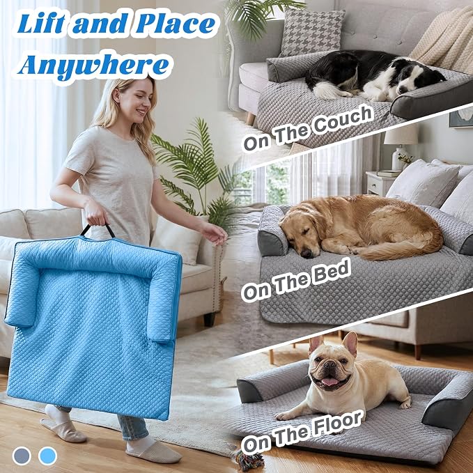 GGIB Cooling Dog Bed Mat with Bolster Pillow Washable Dog Couch Cover Breathable Summer Pet Couch Bed Protector Indoor(Extra Large, Cooling Blue)