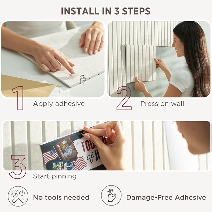 Felt Bulletin Board Tiles 48"x36" - 12-Pack Cork Board Alternative, Oeko-TEX Certified, NRC 0.95 Acoustic Wall Panels, Damage-Free Adhesive, Slatted Design, Home Office & Classroom (Burgundy)