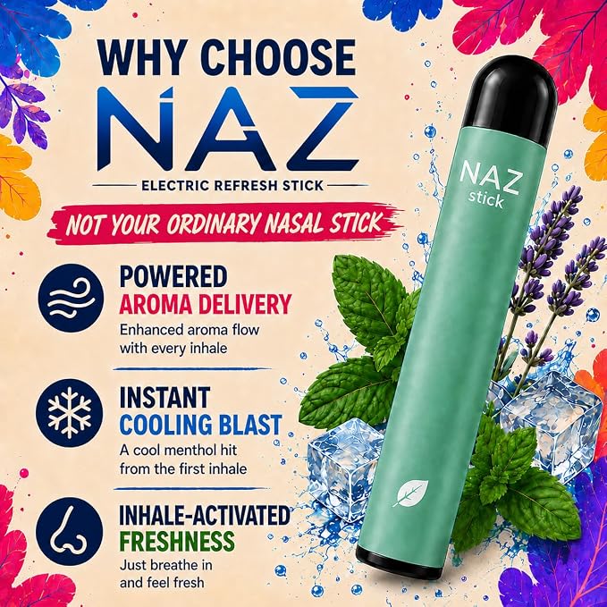 Naz Menthol Herbal Nasal Stick - Spearmint, Camphor, Eucalyptus Extracts w/Mist Electric Nasal Inhaler for Aromatherapy, ICY Refreshing & Instant Focus Herbal Diffuser Pen - 3Pak