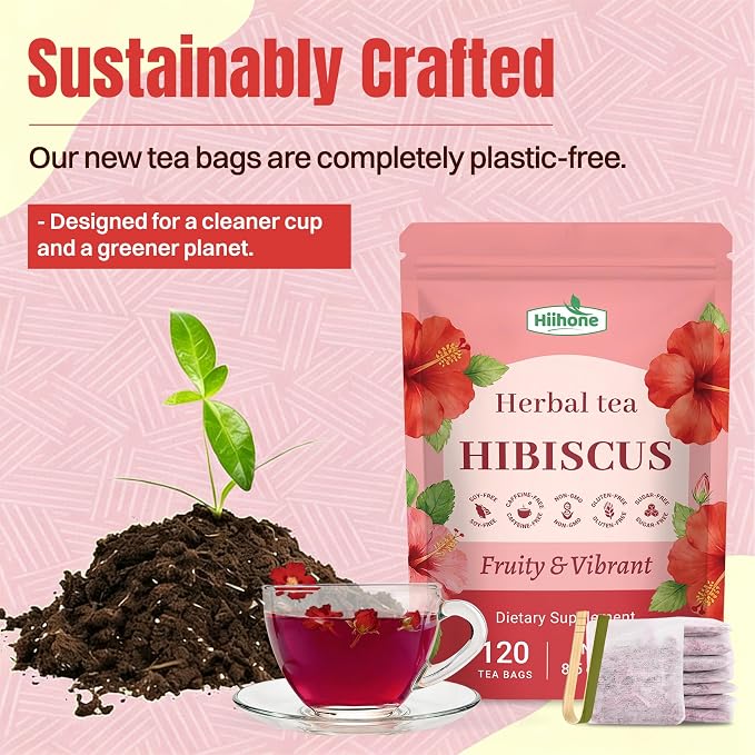 Hiihone Hibiscus Tea Bags 120 Count – Pure Hibiscus Flower Herbal Tea, Caffeine-Free, Tart & Refreshing Flavor, Rich in Antioxidants, Non-GMO, Natural Herbal Tea for Hot or Iced Tea