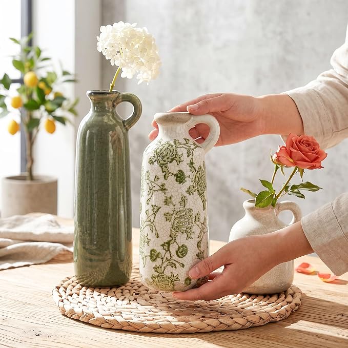 Ceramic Vase Set, 3Pcs Flower Vases for Modern Boho Farmhouse Decor, Decorative Vases for Pampas Grass & Dried Flowers, Distressed Finish
