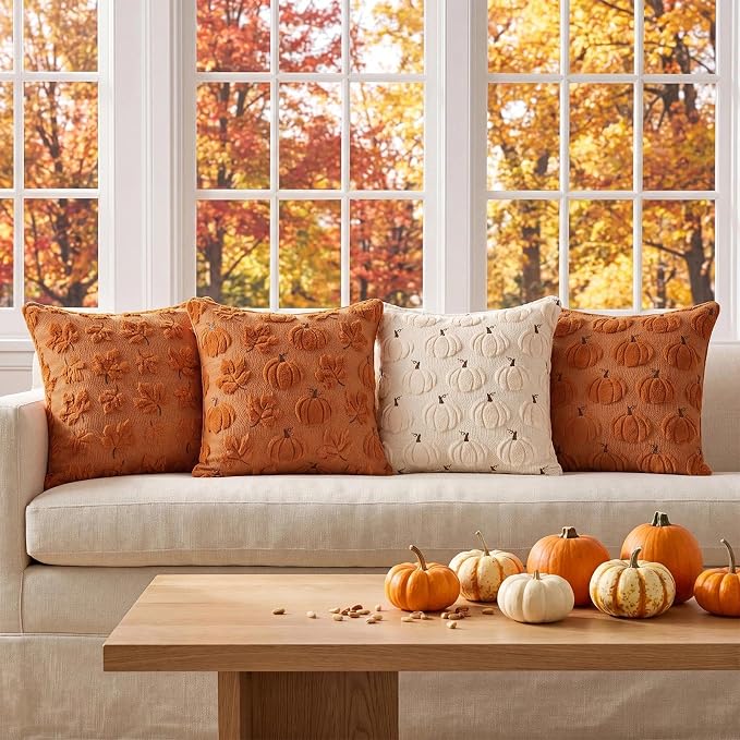 Softalker Fall Throw Pillow Covers 12x12 Set of 2 Small Rust Pumpkin Covers | Double-Sided plush comfort with raised pumpkin embroidery, designed for living rooms, bedrooms, and cozy fall home decor.