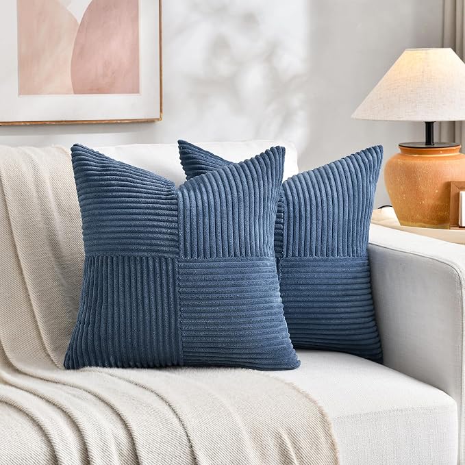 Fancy Homi Dusty Blue Decorative Throw Pillow Covers 20x20 Inch for Living Room Couch Bed Sofa, Rustic Farmhouse Boho Home Decor, Soft Corss Corduroy Patchwork Accent Cushion Case 50x50 cm