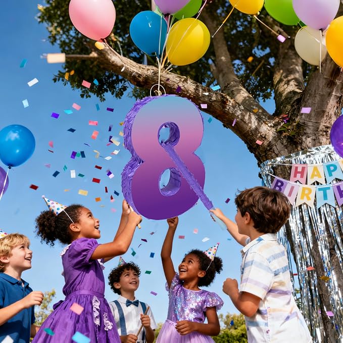 Purple Birthday Party Decorations, Purple Number 8 Pinata with Stick Blindfold Confetti for Girls Boys 8th Birthday Activity Game Gift (15.7 x 11.5 x 3 In)